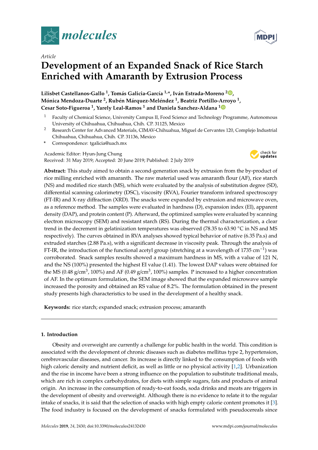 Development of an Expanded Snack of Rice Starch Enriched with Amaranth by Extrusion Process