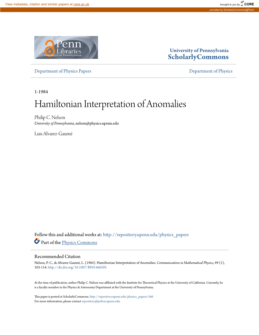 Hamiltonian Interpretation of Anomalies Philip C