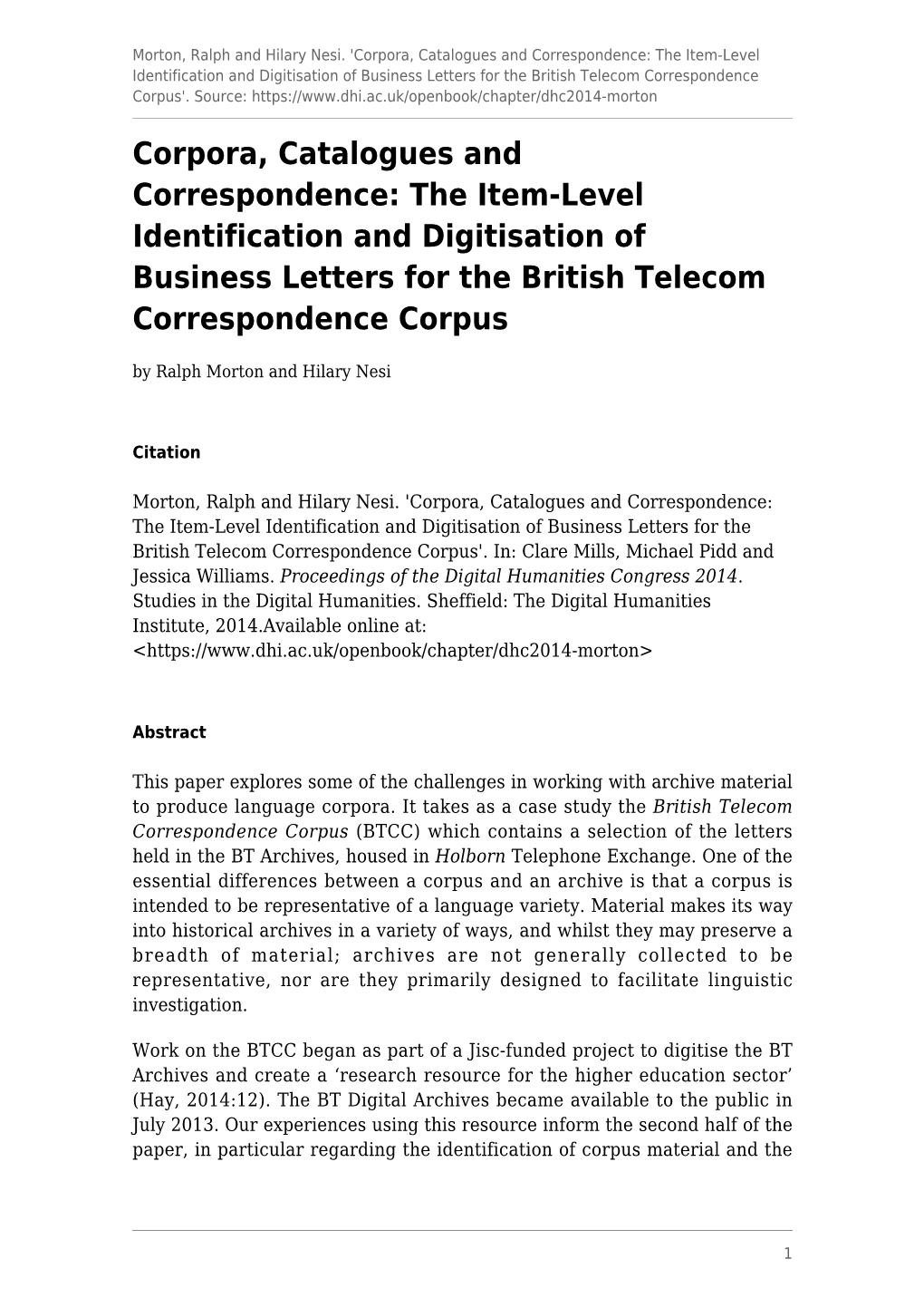 Corpora, Catalogues and Correspondence: the Item-Level Identification and Digitisation of Business Letters for the British Telecom Correspondence Corpus'