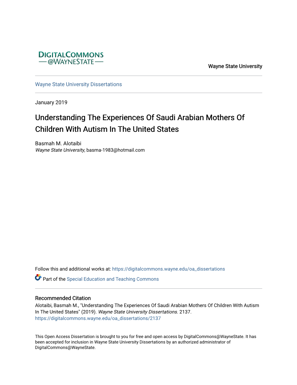 Understanding the Experiences of Saudi Arabian Mothers of Children with Autism in the United States