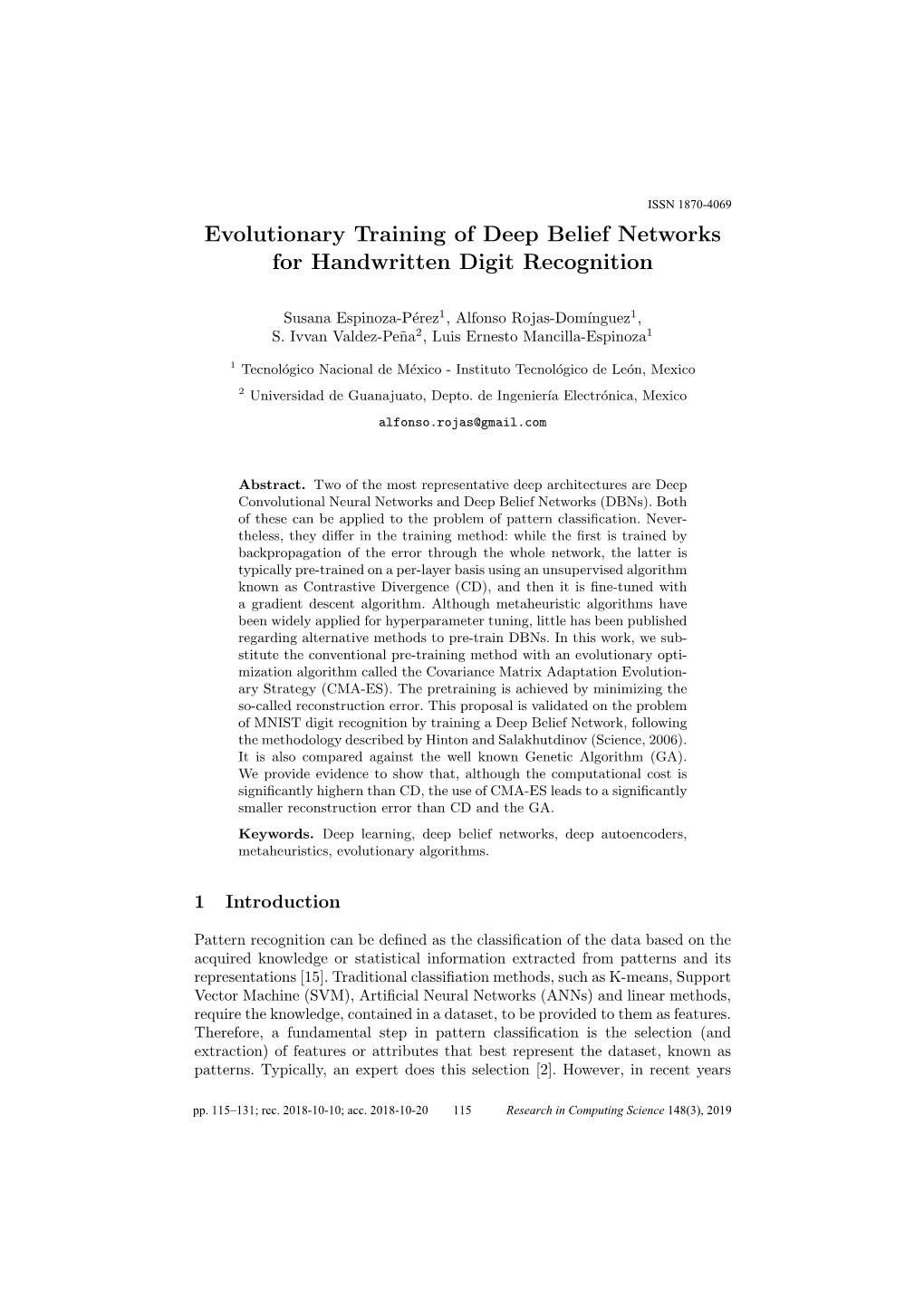 Evolutionary Training of Deep Belief Networks for Handwritten Digit Recognition