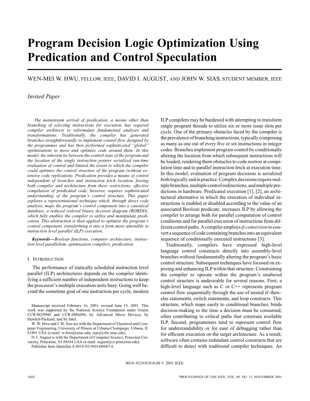 Program Decision Logic Optimization Using Predication and Control Speculation