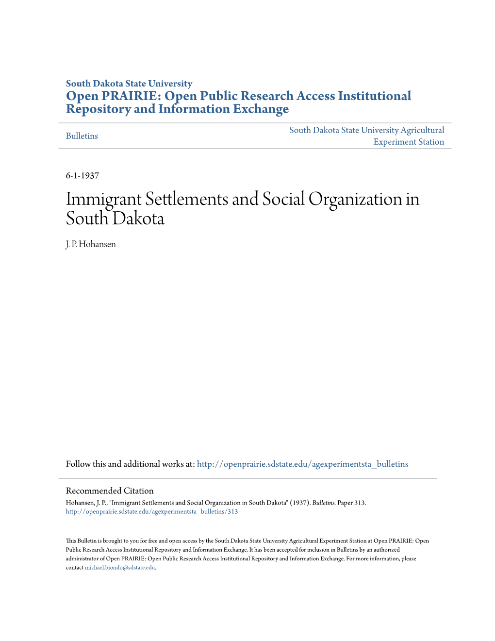 Immigrant Settlements and Social Organization in South Dakota J