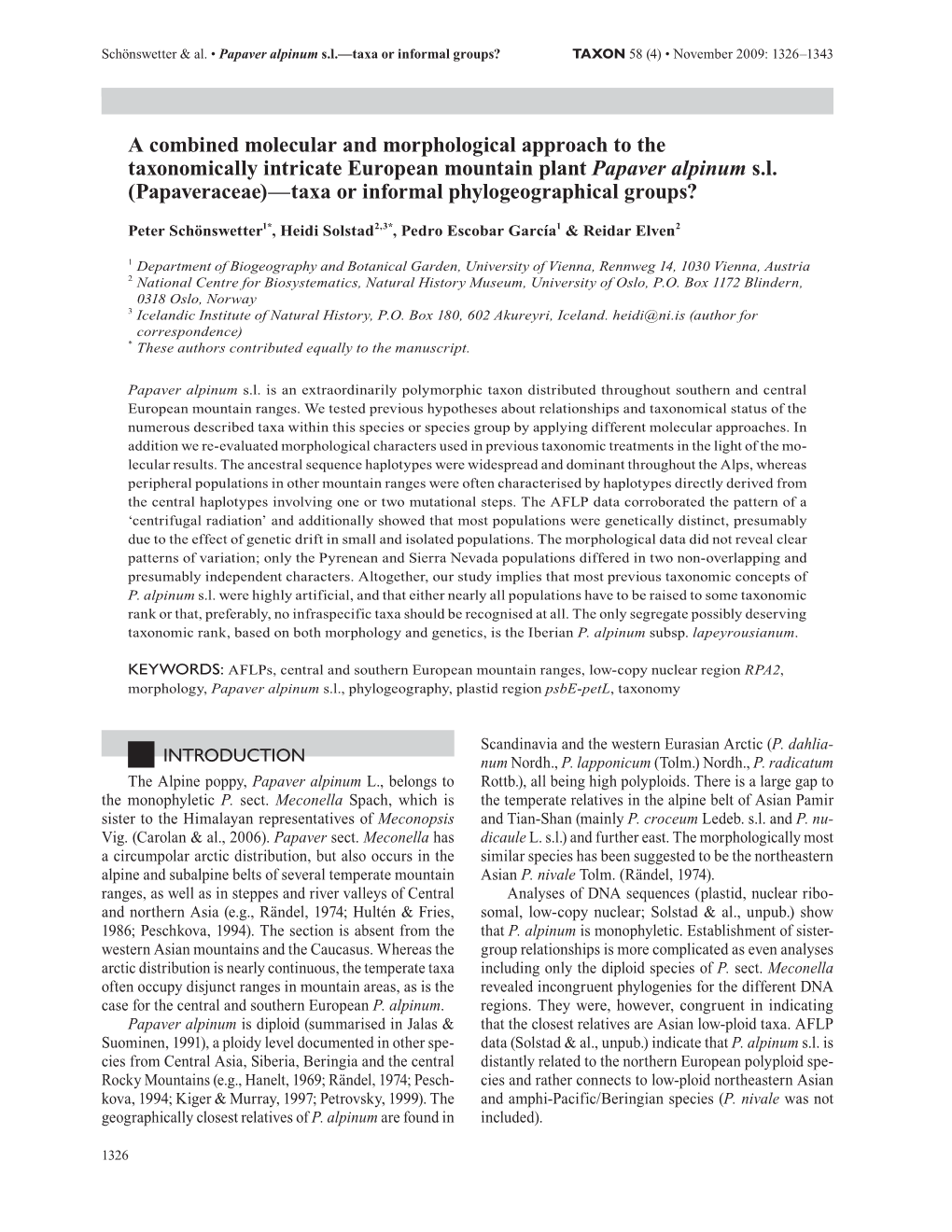 A Combined Molecular and Morphological Approach to the Taxonomically Intricate European Mountain Plant Papaver Alpinum S.L