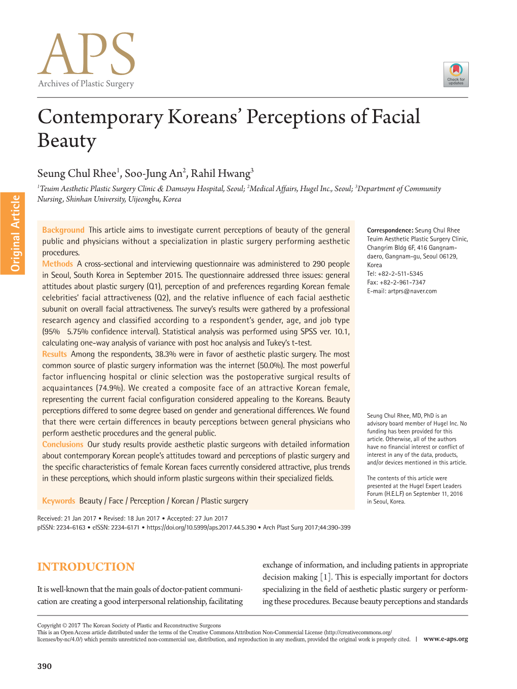 Contemporary Koreans' Perceptions of Facial Beauty