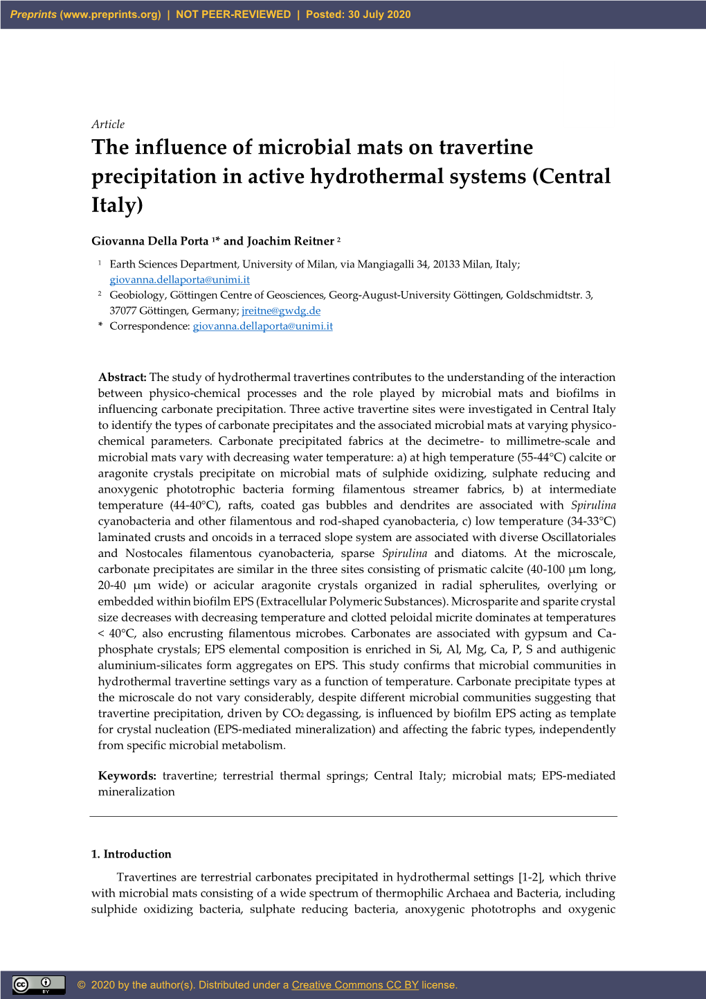 The Influence of Microbial Mats on Travertine Precipitation in Active Hydrothermal Systems (Central Italy)