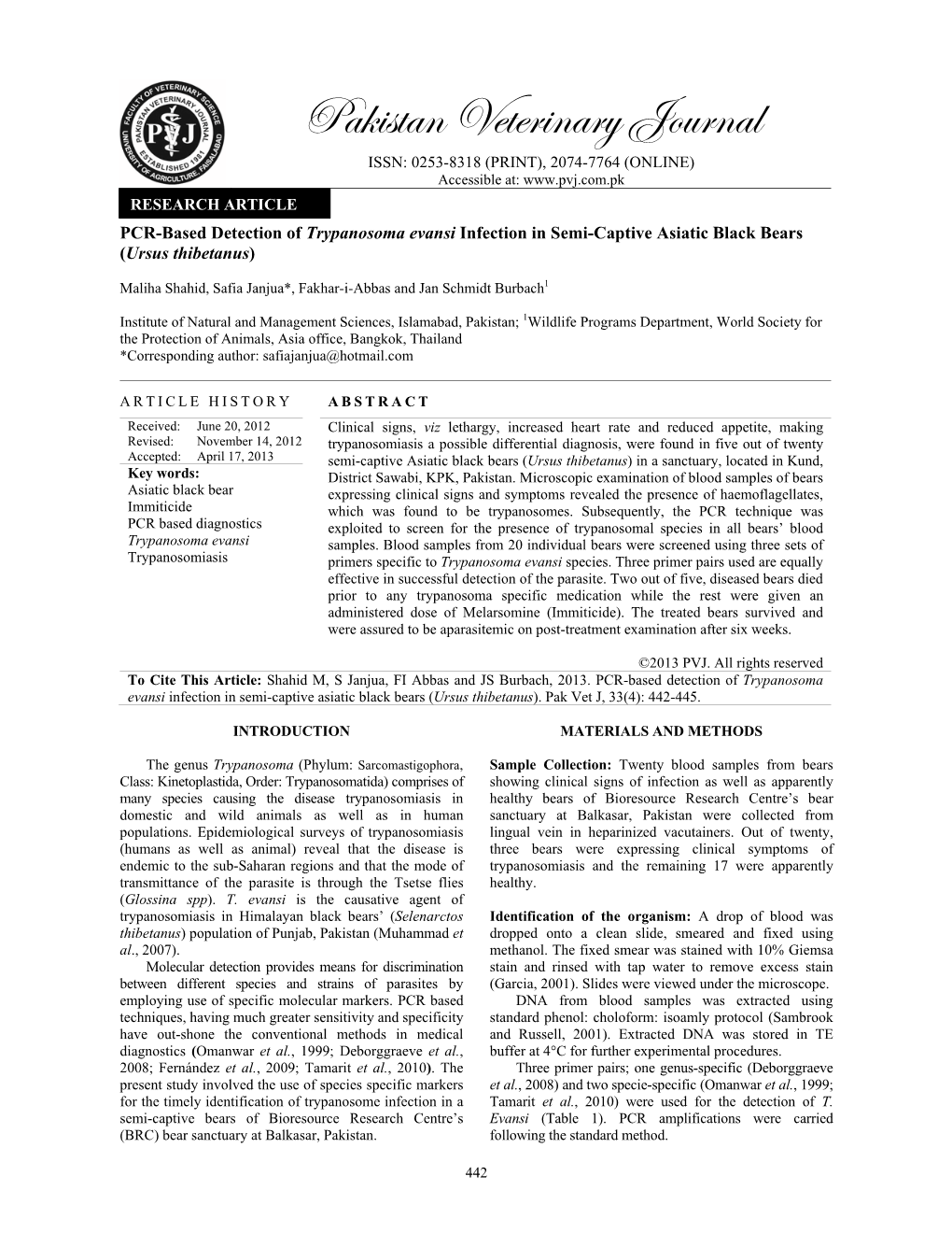 PCR-Based Detection of Trypanosoma Evansi Infection in Semi-Captive Asiatic Black Bears (Ursus Thibetanus)