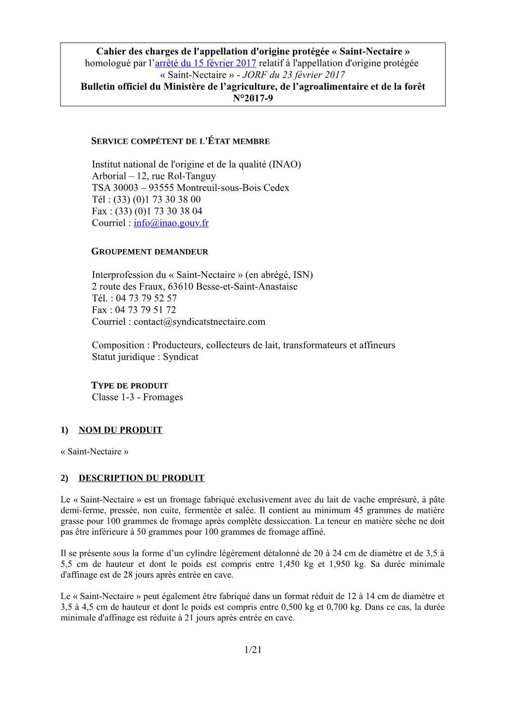 Cahier Des Charges De L'appellation D'origine Protégée Saint-Nectaire