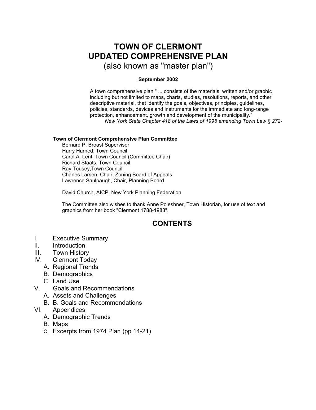 TOWN of CLERMONT UPDATED COMPREHENSIVE PLAN (Also Known As "Master Plan")