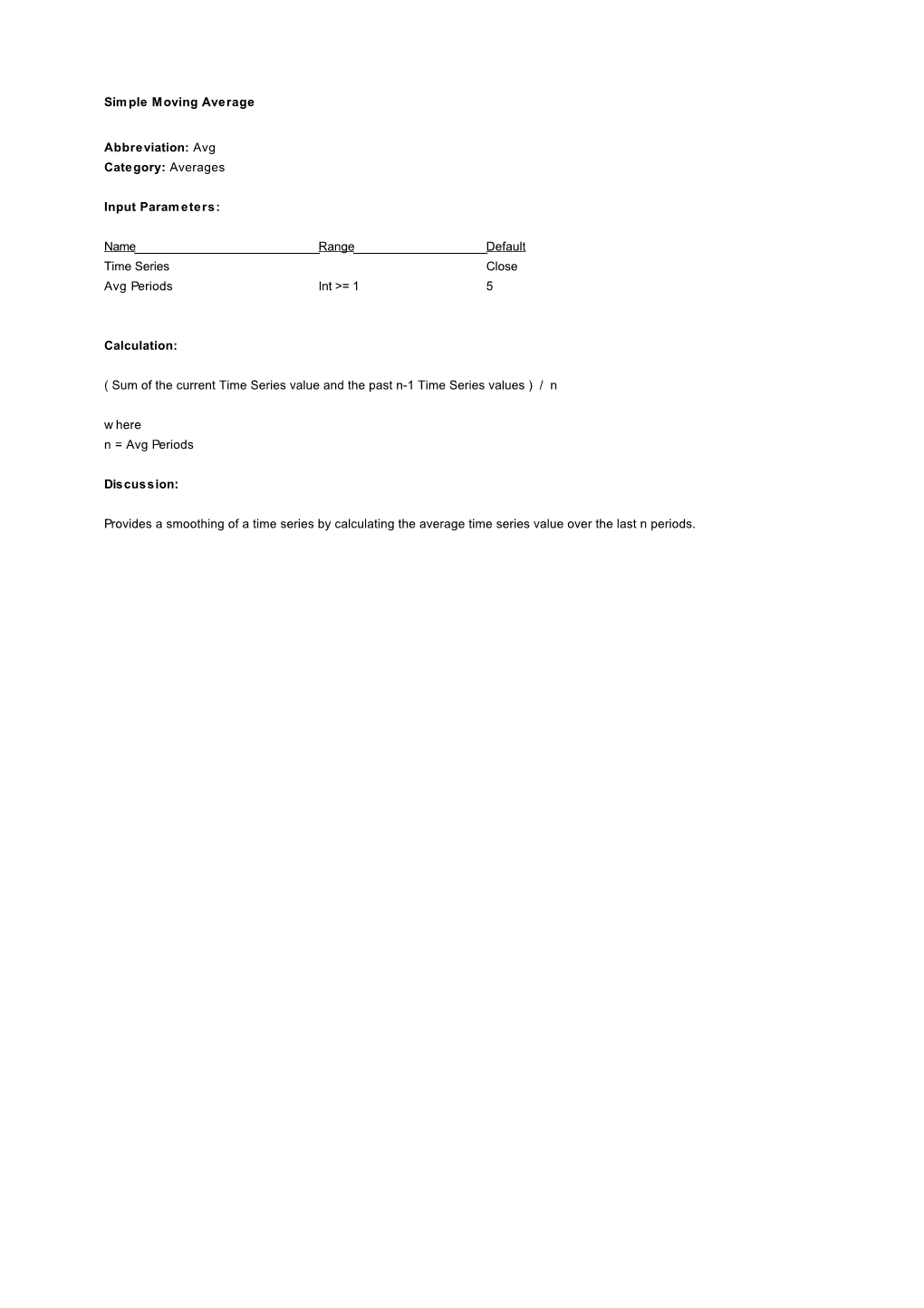 Averages Input Parameters