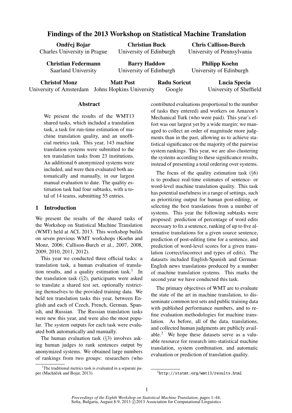 Findings of the 2013 Workshop on Statistical Machine