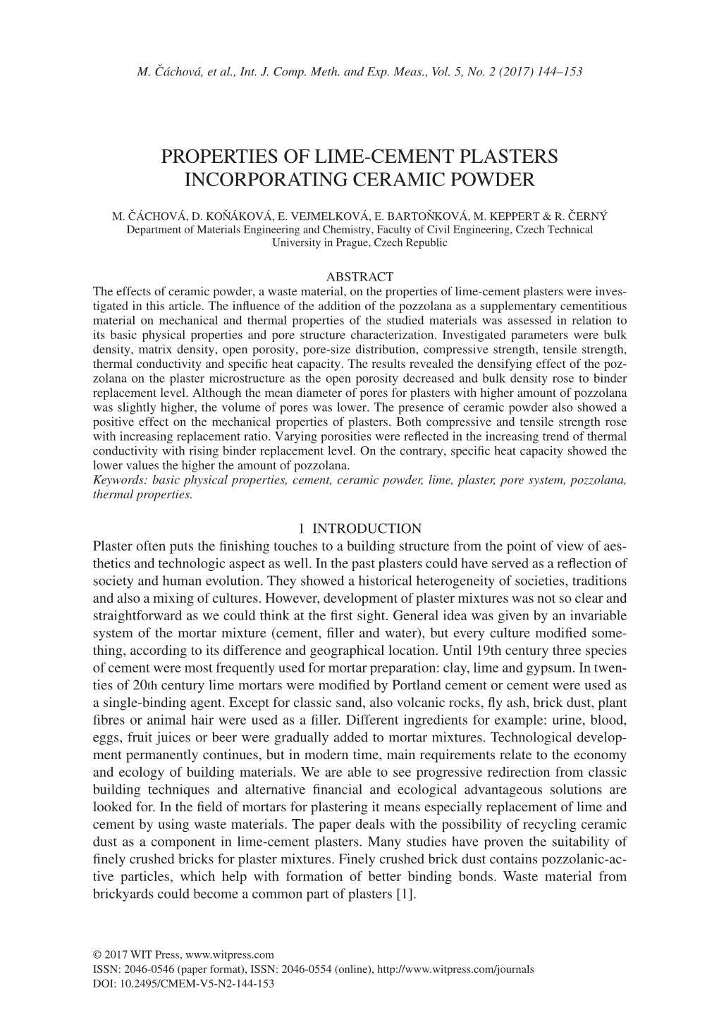 Properties of Lime-Cement Plasters Incorporating Ceramic Powder