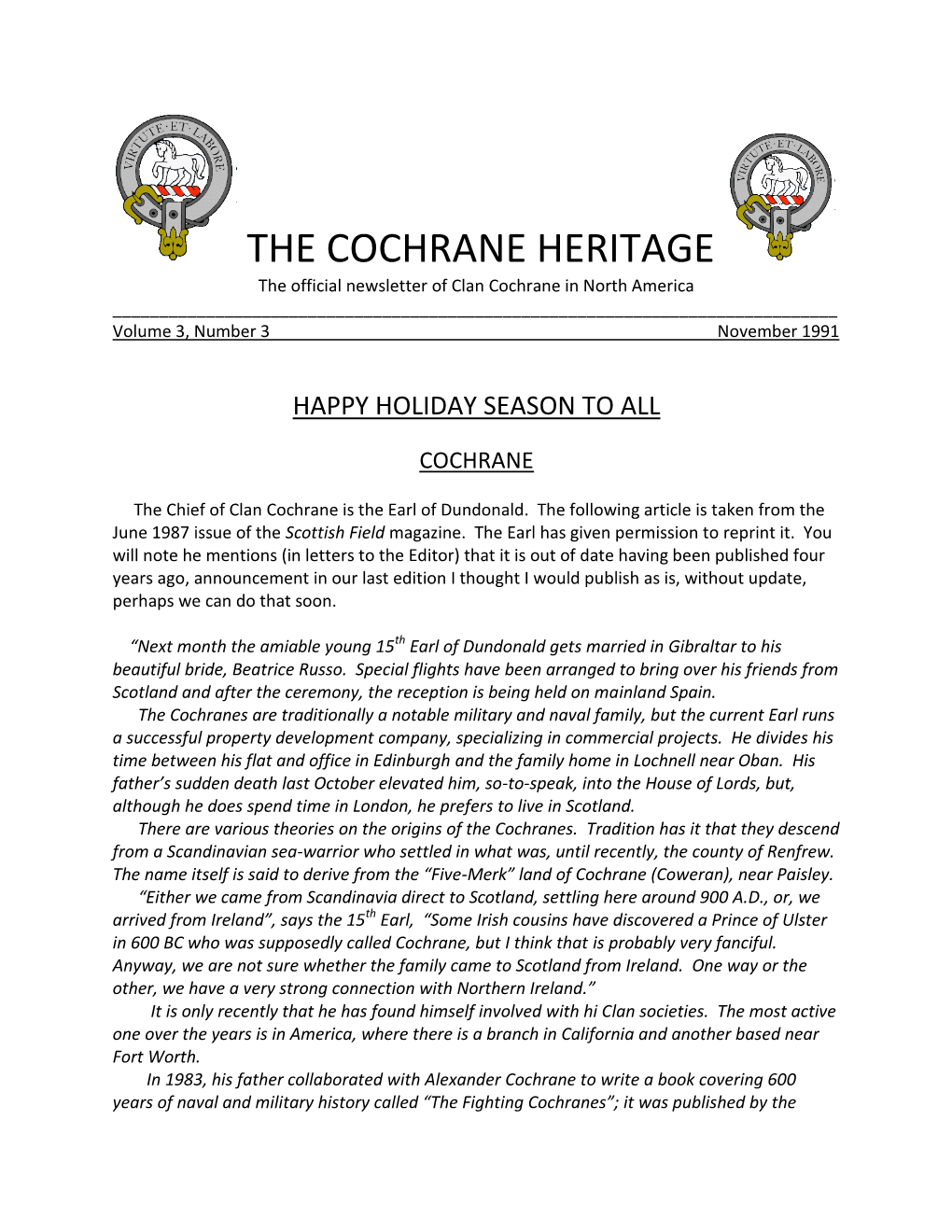 THE COCHRANE HERITAGE the Official Newsletter of Clan Cochrane in North America ______Volume 3, Number 3 November 1991