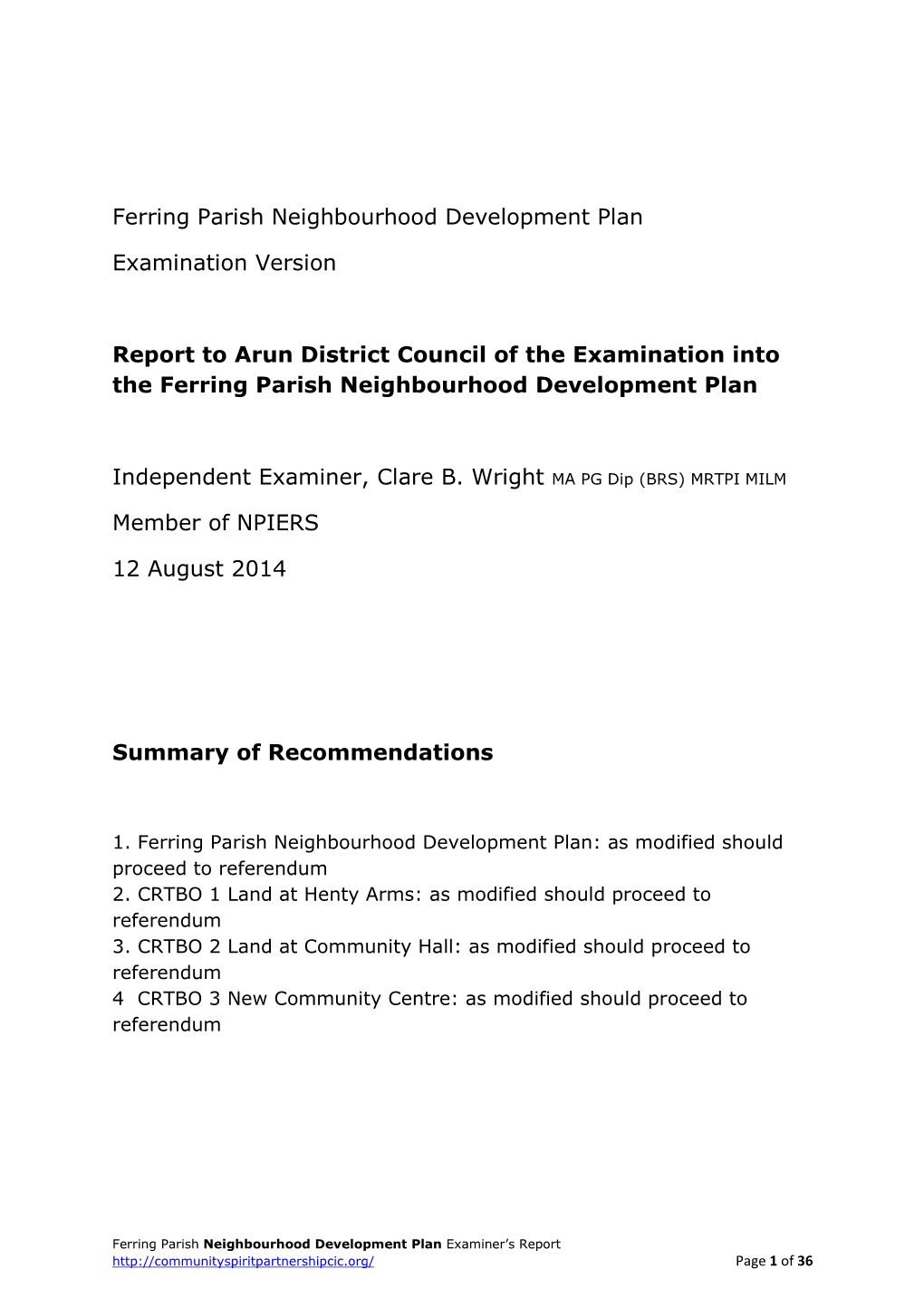 Ferring Parish Neighbourhood Development Plan Examination
