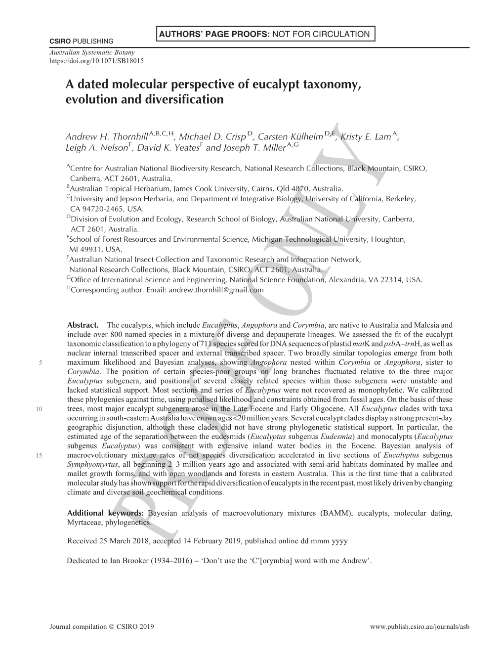 A Dated Molecular Perspective of Eucalypt Taxonomy, Evolution and Diversiﬁcation