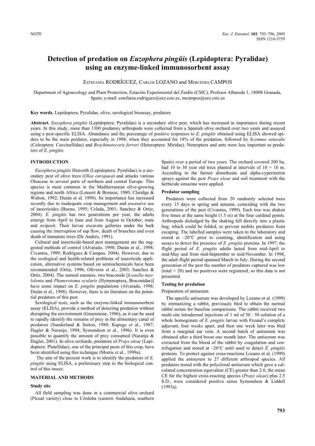 Detection of Predation on Euzophera Pingüis (Lepidoptera: Pyralidae) Using an Enzyme-Linked Immunosorbent Assay