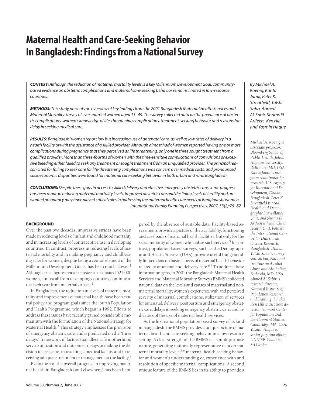 Maternal Health and Care-Seeking Behavior in Bangladesh: Findings from a National Survey