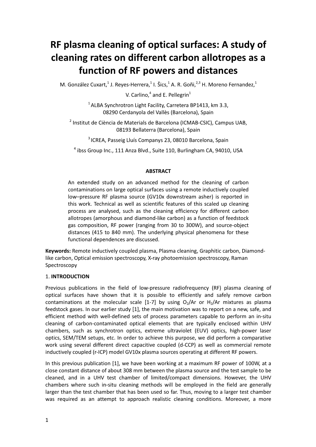 RF Plasma Cleaning of Optical Surfaces: a Study of Cleaning Rates on Different Carbon Allotropes As a Function of RF Powers and Distances
