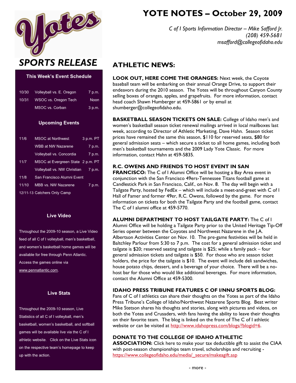 Sports Release Athletic News