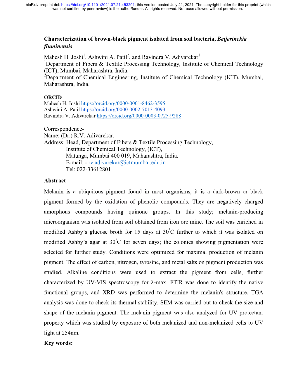 Characterization of Brown-Black Pigment Isolated from Soil Bacteria, Beijerinckia Fluminensis Mahesh H