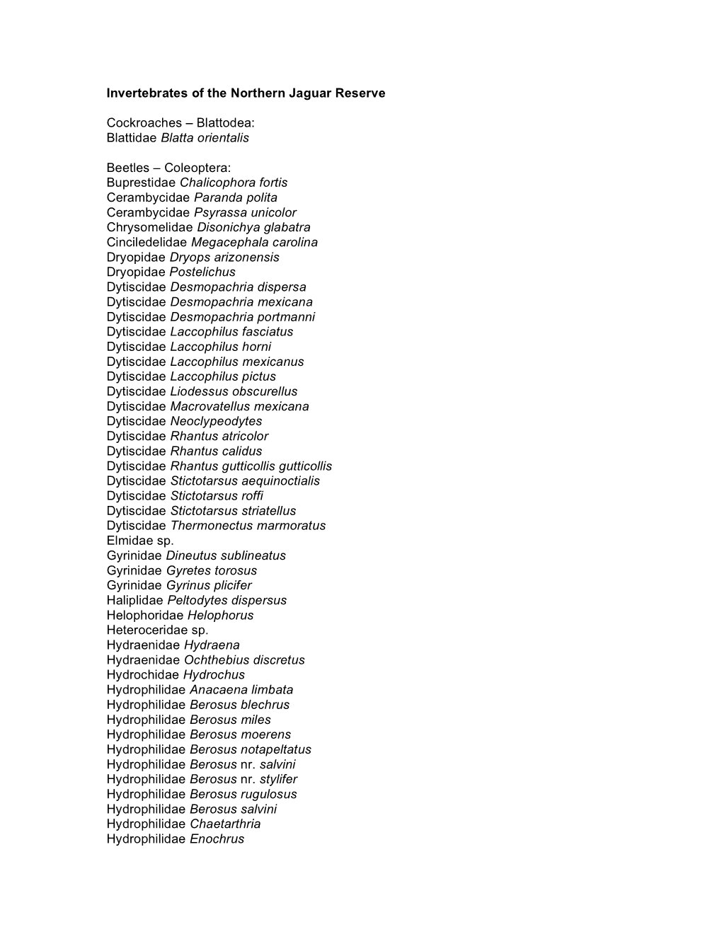 Invertebrates of the Northern Jaguar Reserve