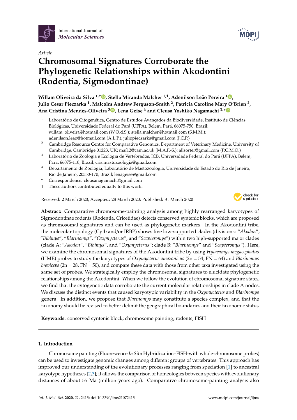 Chromosomal Signatures Corroborate the Phylogenetic Relationships Within Akodontini (Rodentia, Sigmodontinae)