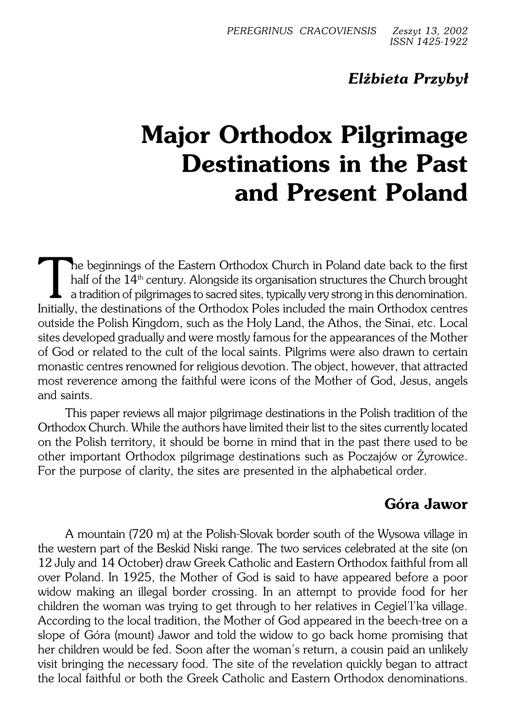 Major Orthodox Pilgrimage Destinations in the Past and Present Poland
