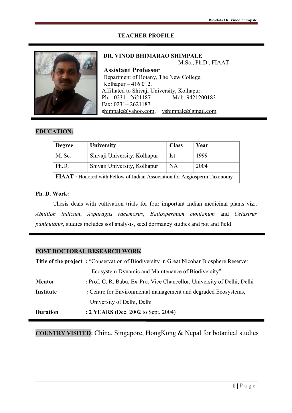 Bio-Data Dr. Vinod Shimpale