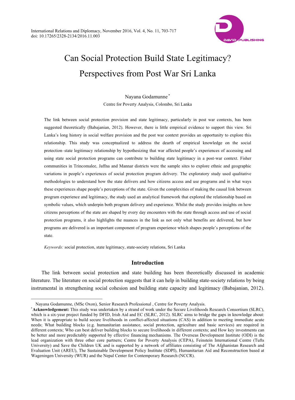 Can Social Protection Build State Legitimacy? Perspectives from Post War Sri Lanka