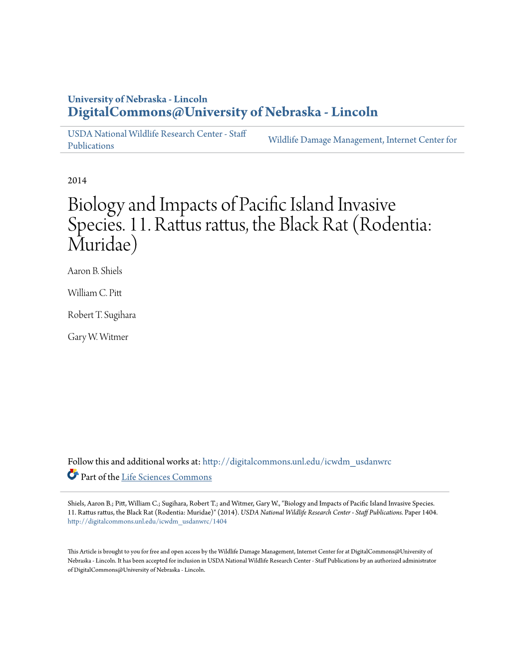 Biology and Impacts of Pacific Island Invasive Species. 11.Rattus Rattus, the Black Rat (Rodentia: Muridae)1
