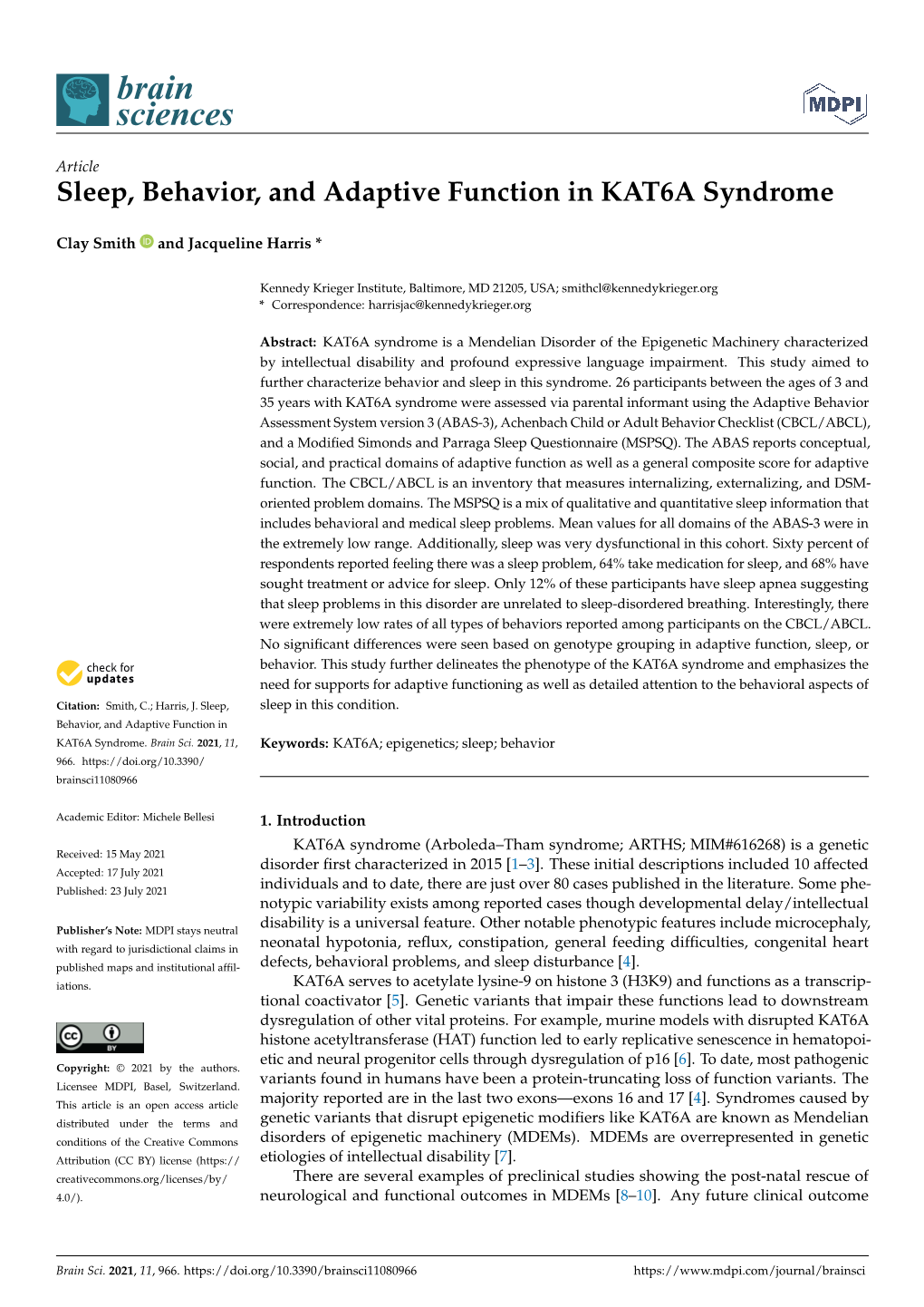 Sleep, Behavior, and Adaptive Function in KAT6A Syndrome