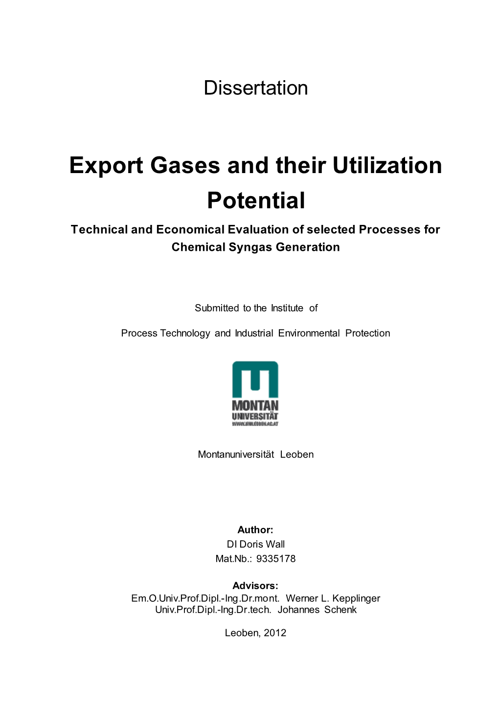 Export Gases and Their Utilization Potential Technical and Economical Evaluation of Selected Processes for Chemical Syngas Generation