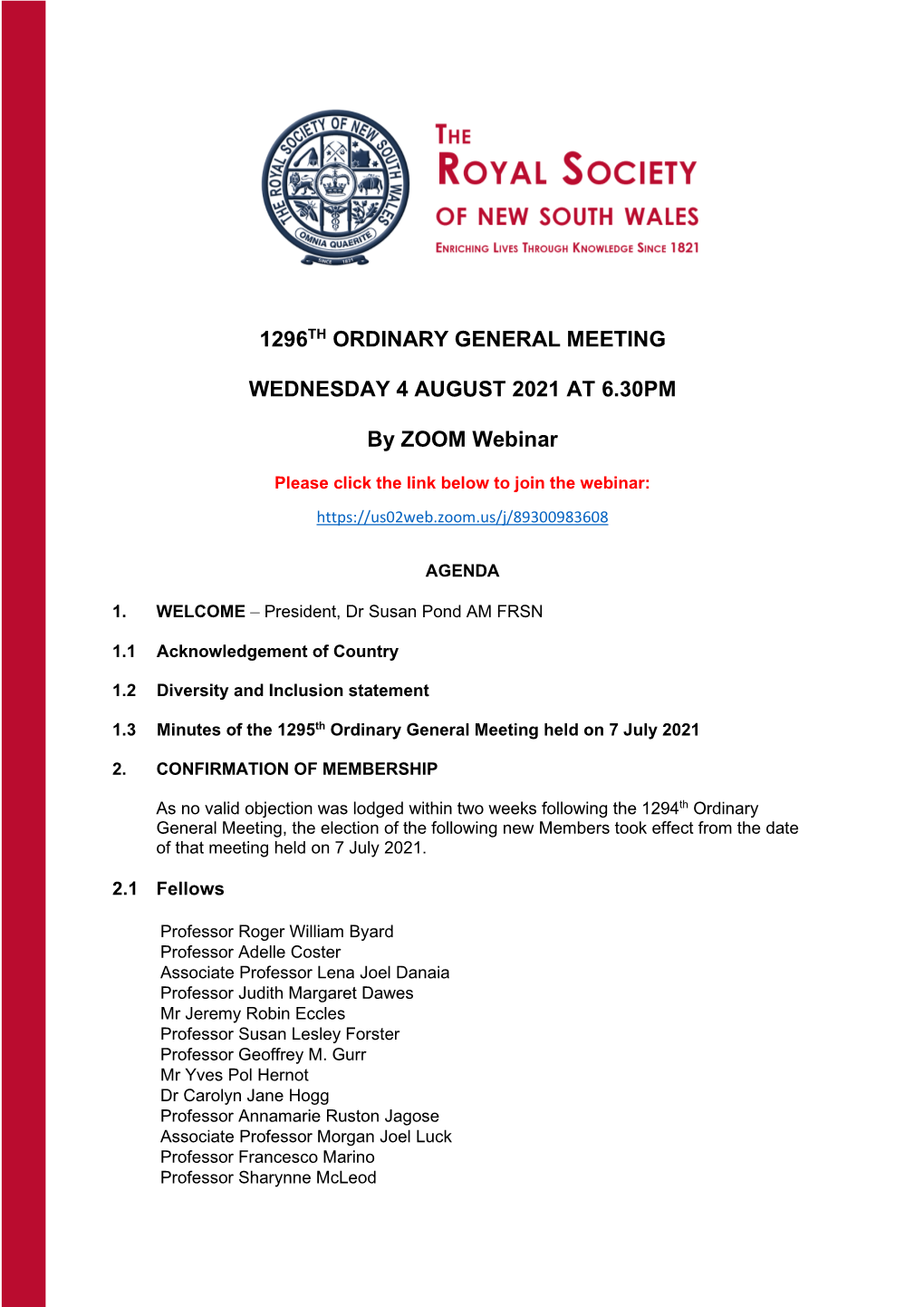 1296Th Ordinary General Meeting Wednesday 4