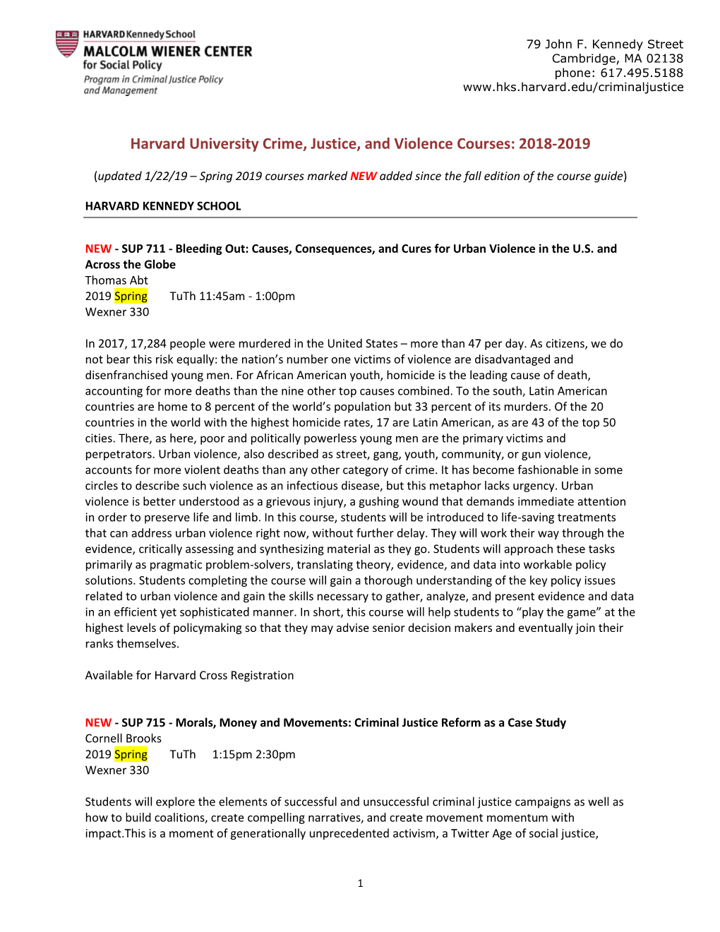 Harvard University Crime, Justice, and Violence Courses: 2018-2019