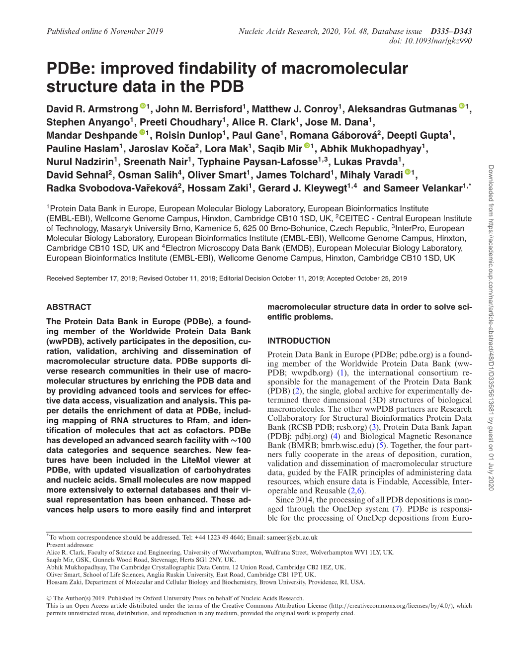 Pdbe: Improved ﬁndability of Macromolecular Structure Data in the PDB David R