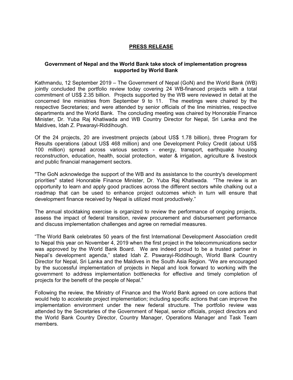 PRESS RELEASE Government of Nepal and the World Bank Take