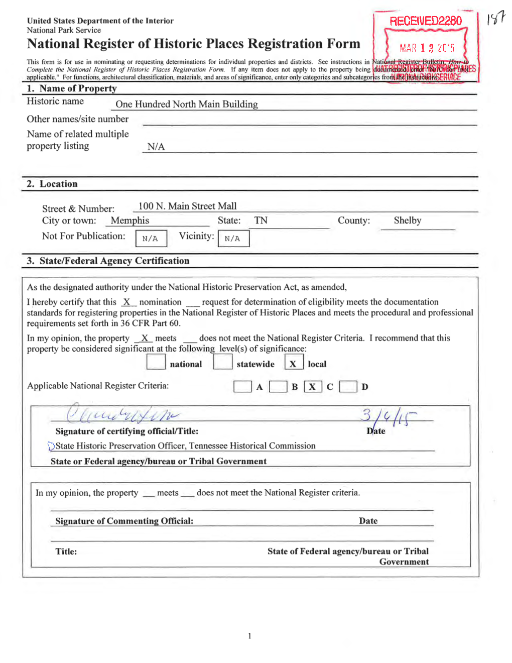 National Register of Historic Places Registration Form MAR 1 3 C015