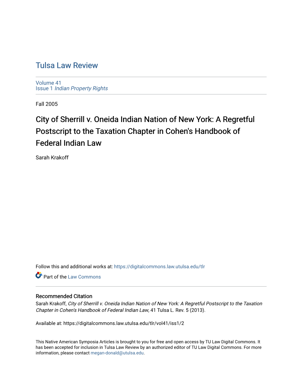 City of Sherrill V. Oneida Indian Nation of New York: a Regretful Postscript to the Taxation Chapter in Cohen's Handbook of Federal Indian Law