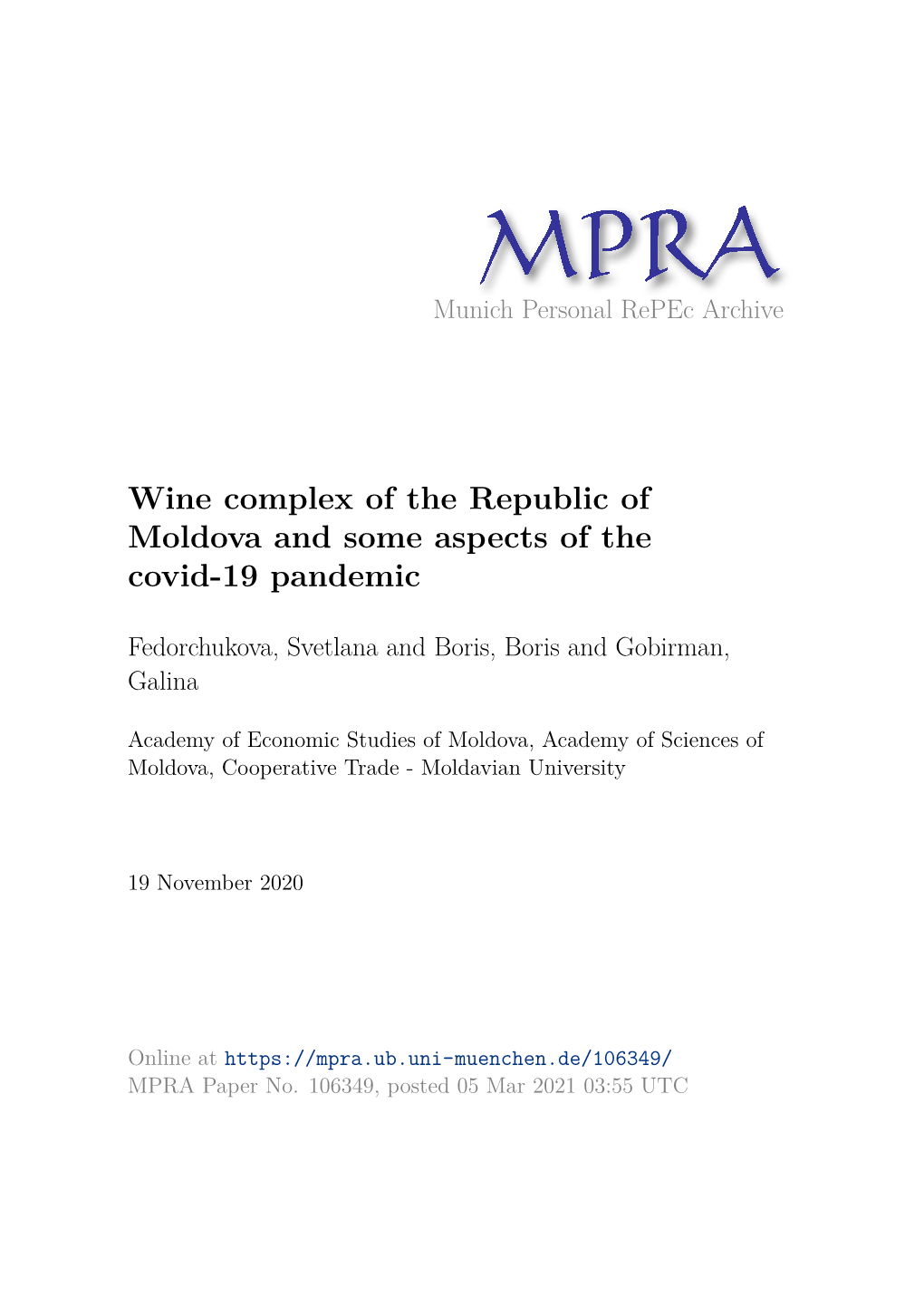 Wine Complex of the Republic of Moldova and Some Aspects of the Covid-19 Pandemic