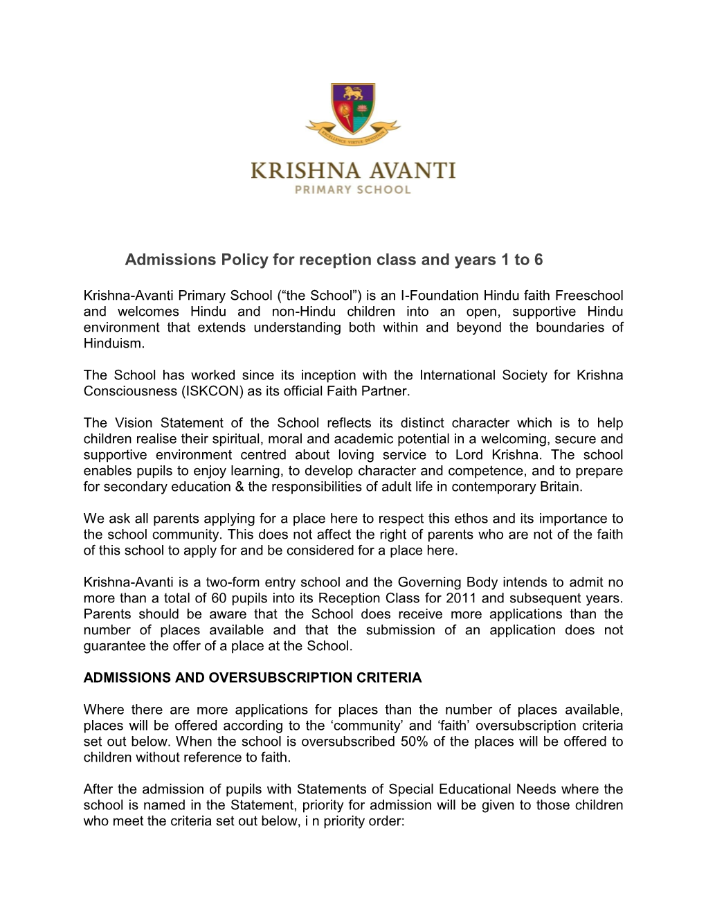 Admissions Policy for Reception Class and Years 1 to 6