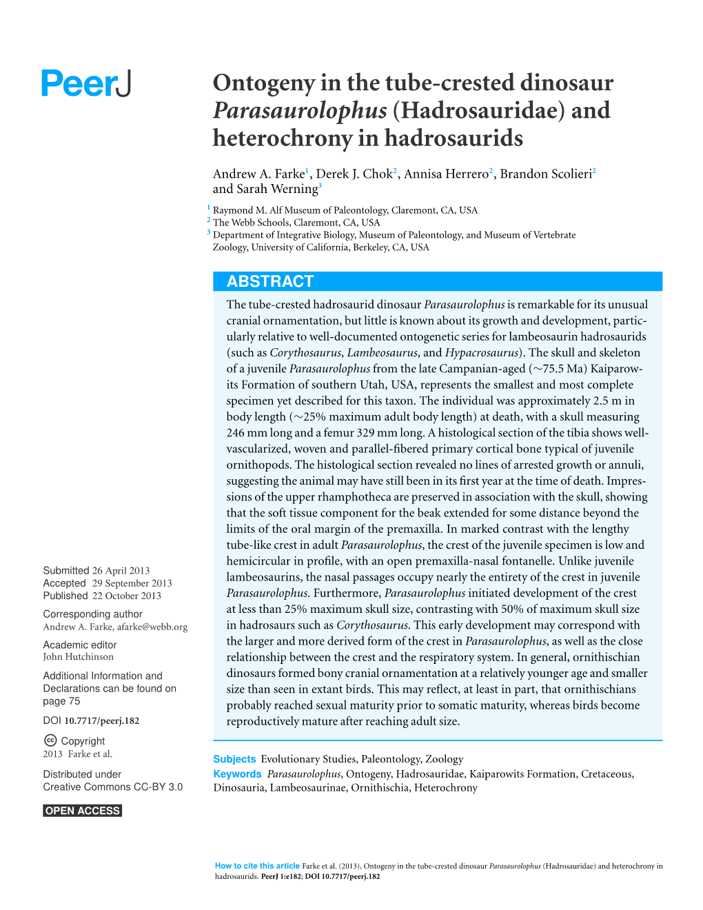 Ontogeny in the Tube-Crested Dinosaur Parasaurolophus (Hadrosauridae) and Heterochrony in Hadrosaurids