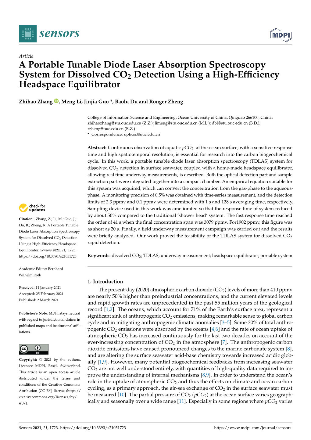 A Portable Tunable Diode Laser Absorption Spectroscopy System for Dissolved CO2 Detection Using a High-Efﬁciency Headspace Equilibrator