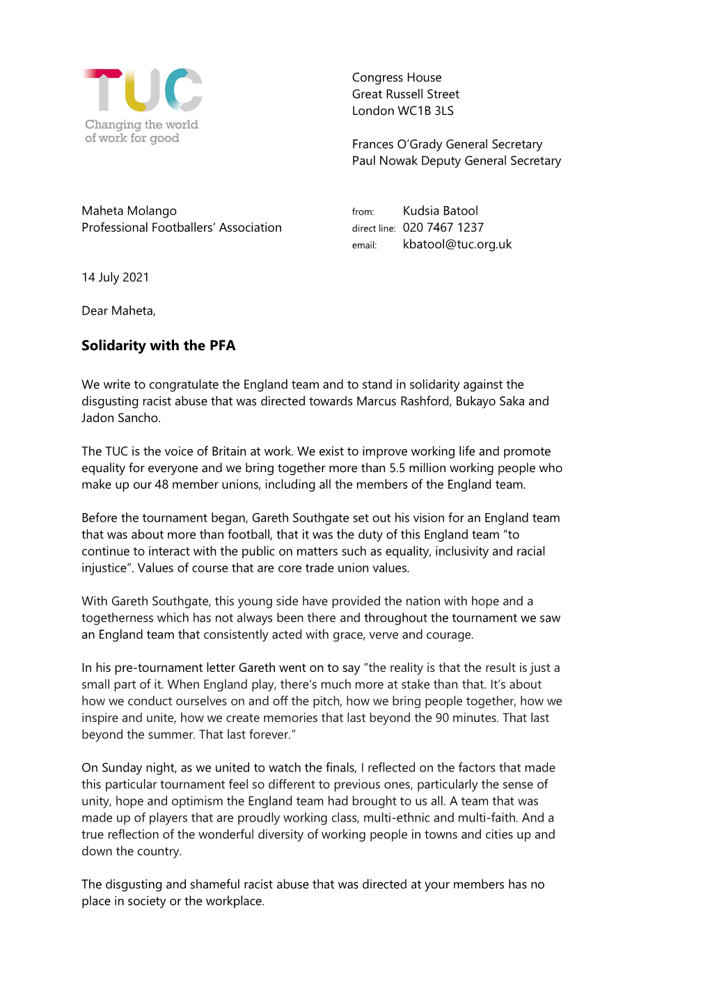 Joint TUC Letter to the Professional Footballers' Accociation July 2021