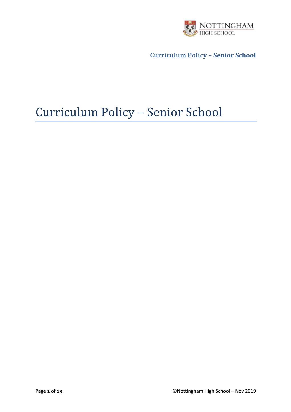 Curriculum Policy – Senior School