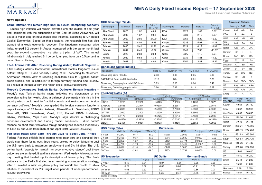 MENA Daily Fixed Income Report – 17 September 2020 Kuwait Financial Centre “Markaz”