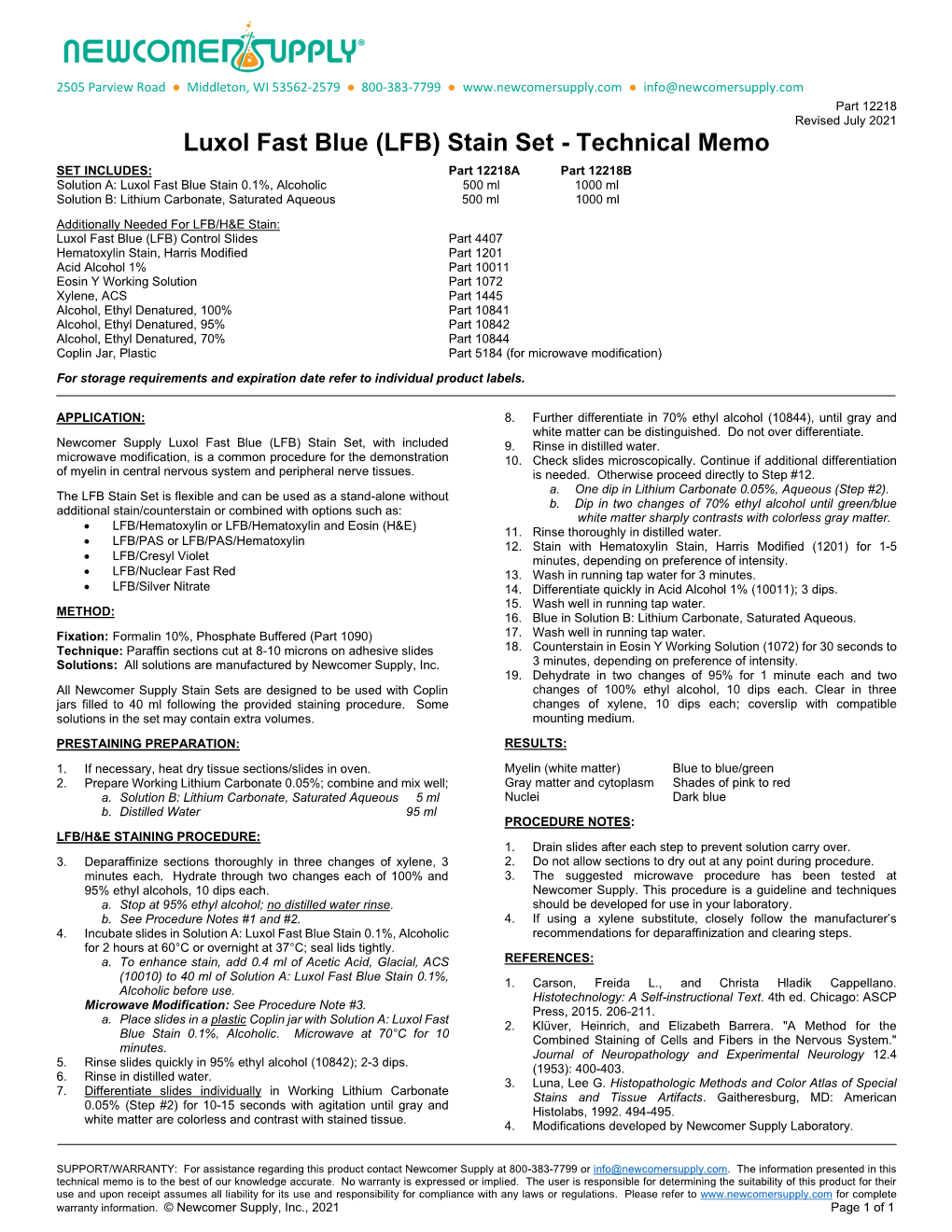 Luxol Fast Blue (LFB) Stain Set - Technical Memo