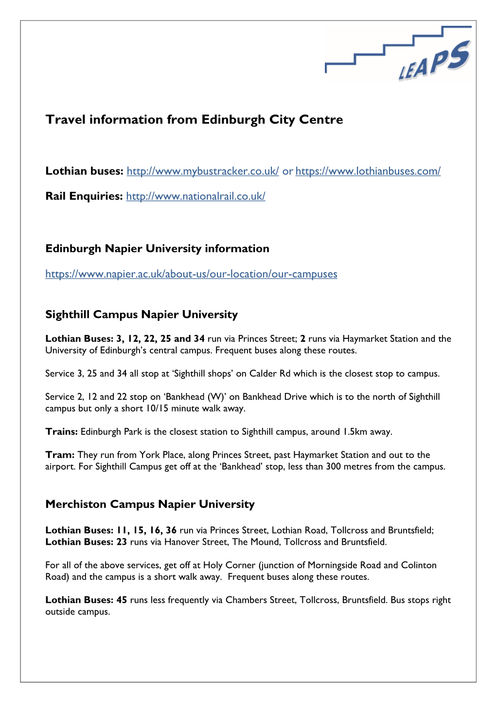 Travel Information from Edinburgh City Centre