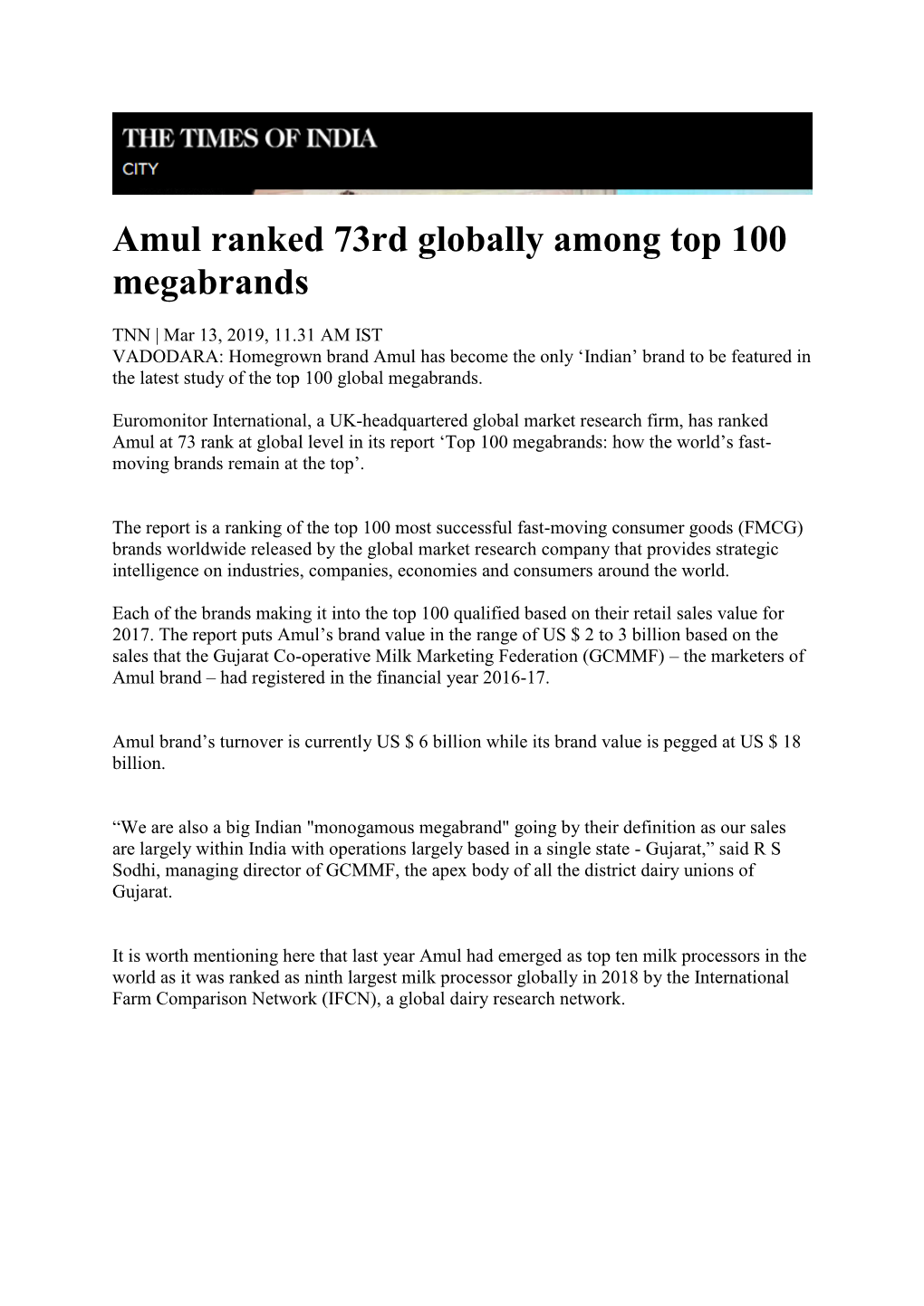 Amul Ranked 73Rd Globally Among Top 100 Megabrands