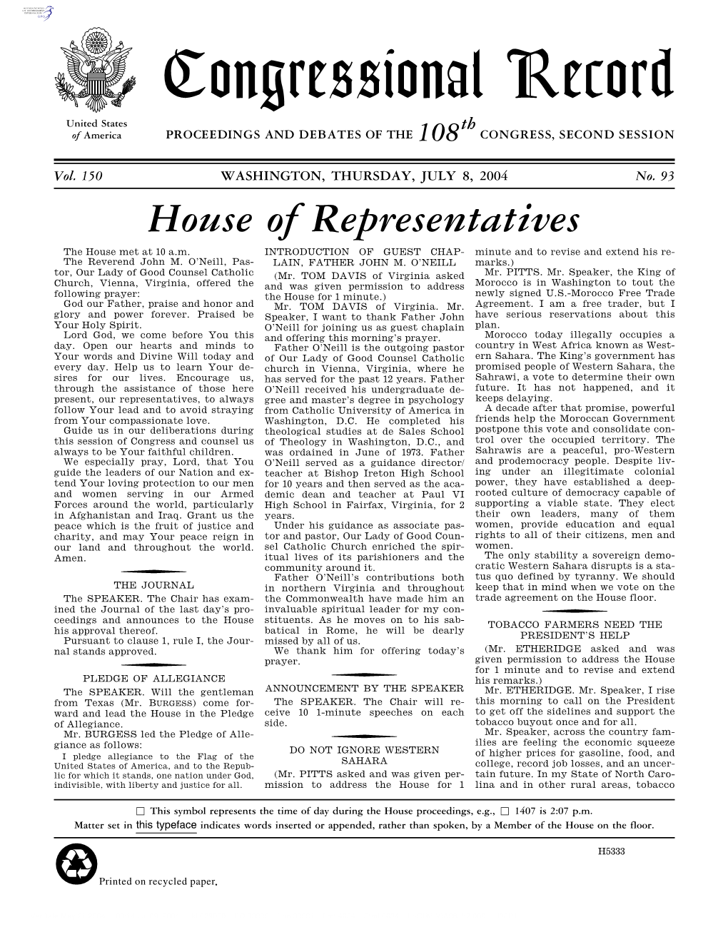 Congressional Record United States Th of America PROCEEDINGS and DEBATES of the 108 CONGRESS, SECOND SESSION