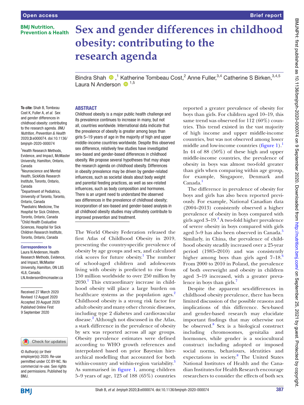 Sex and Gender Differences in Childhood Obesity: Contributing to the Research Agenda